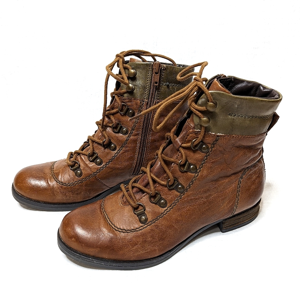 Josef Seibel Sanja Combat Boots Women's 38 / 7  Brown Green Leather Lace Up Zip